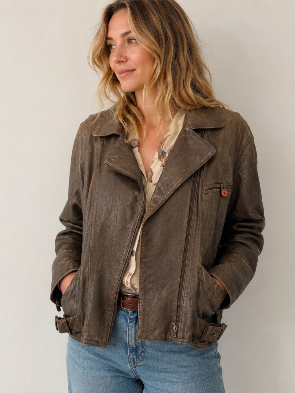 Minelli Paris Leather Moto Jacket | Vintage Genuine Leather | Olive Brown | M/L